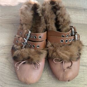Miu Miu Brown Fur Lined Ballerina Flats